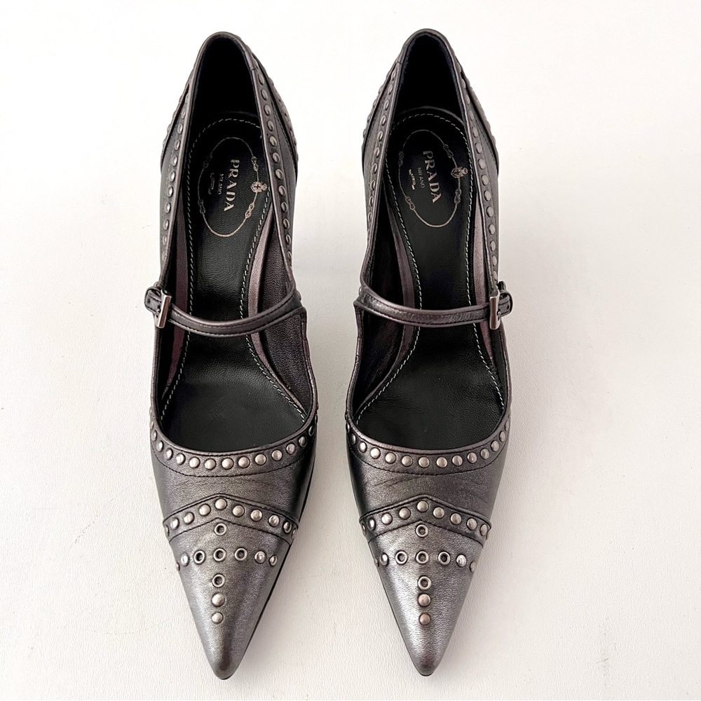 New PRADA | Dark Gray Metallic Studded Mary Jane Pointed Pumps Heels EU 38 New - Picture 3 of 15